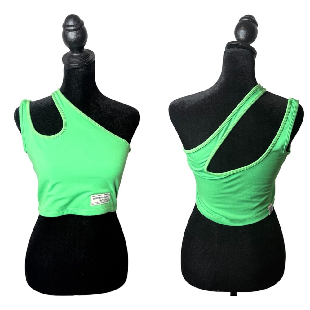 Cyberpunk Asymmetrical One Shoulder Bright Green Cutout Crop Top Size M Sporty